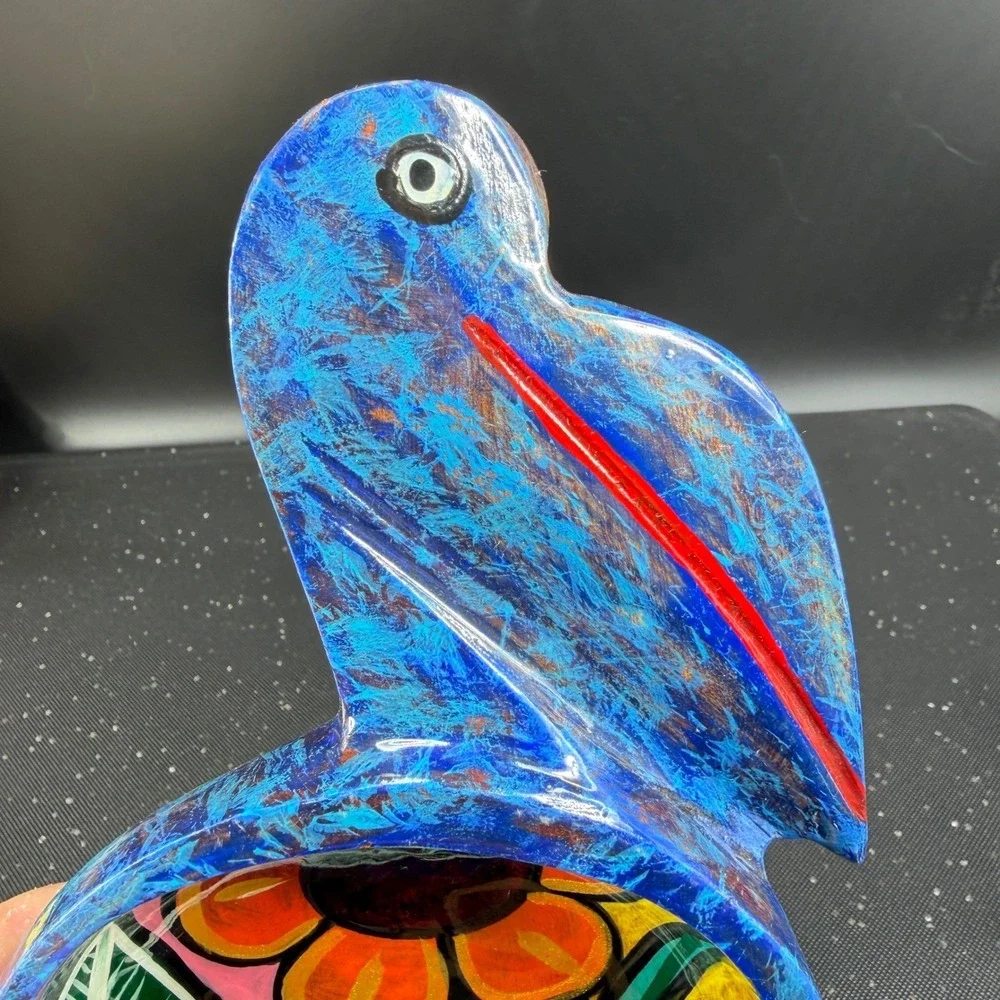 Vintage Hand Painted Wooden Pelican Bowl Floral Folk‎ Art Blue Decorative Dish